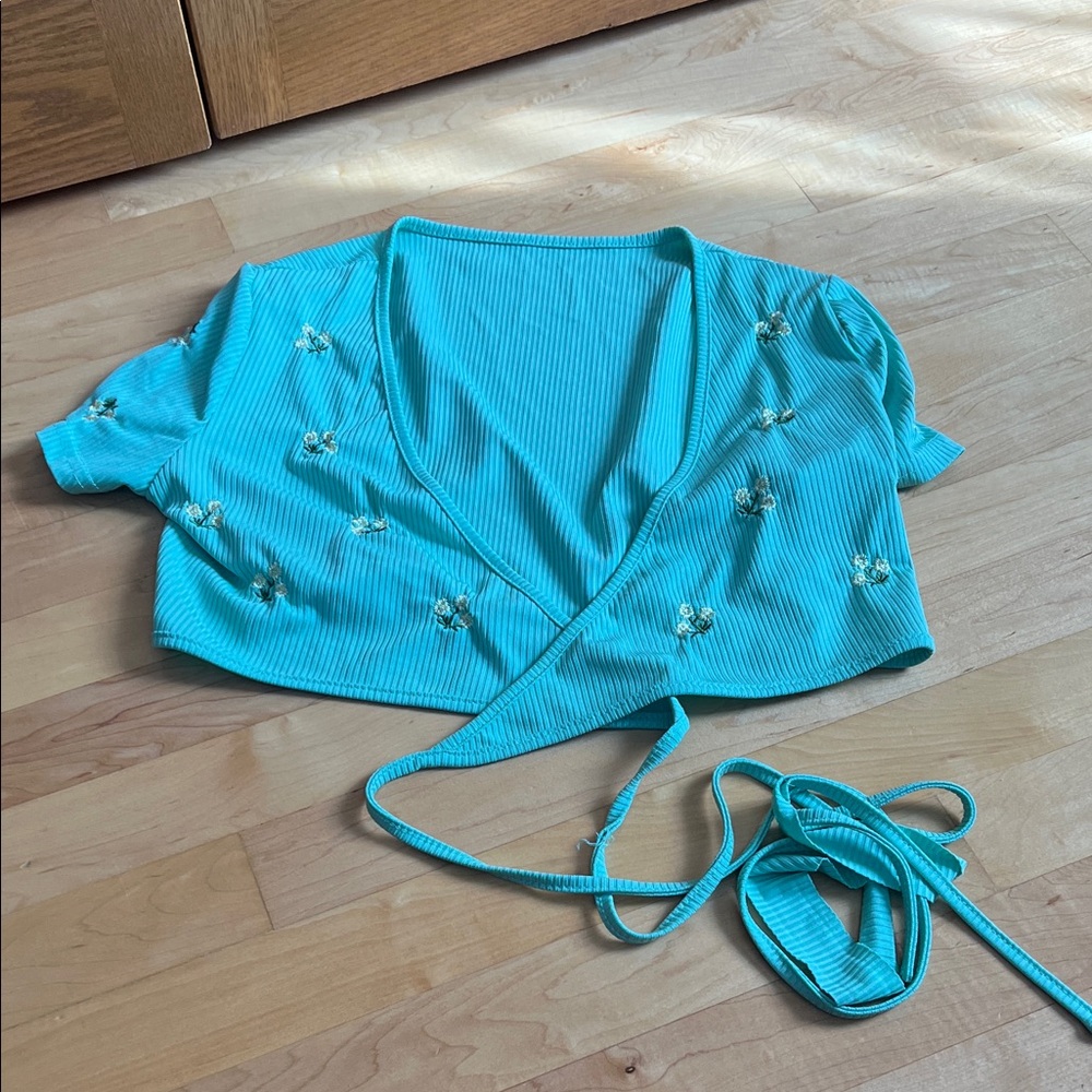 SHEIN Mint Green/Blue Embroidered Wrap Blouse